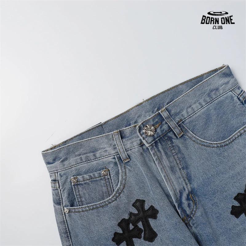 Bermuda Jeans Chrome Hearts Cross Patch Azul Médio