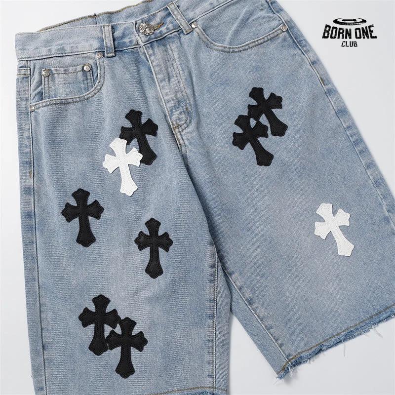 Bermuda Jeans Chrome Hearts Multi Cross Azul