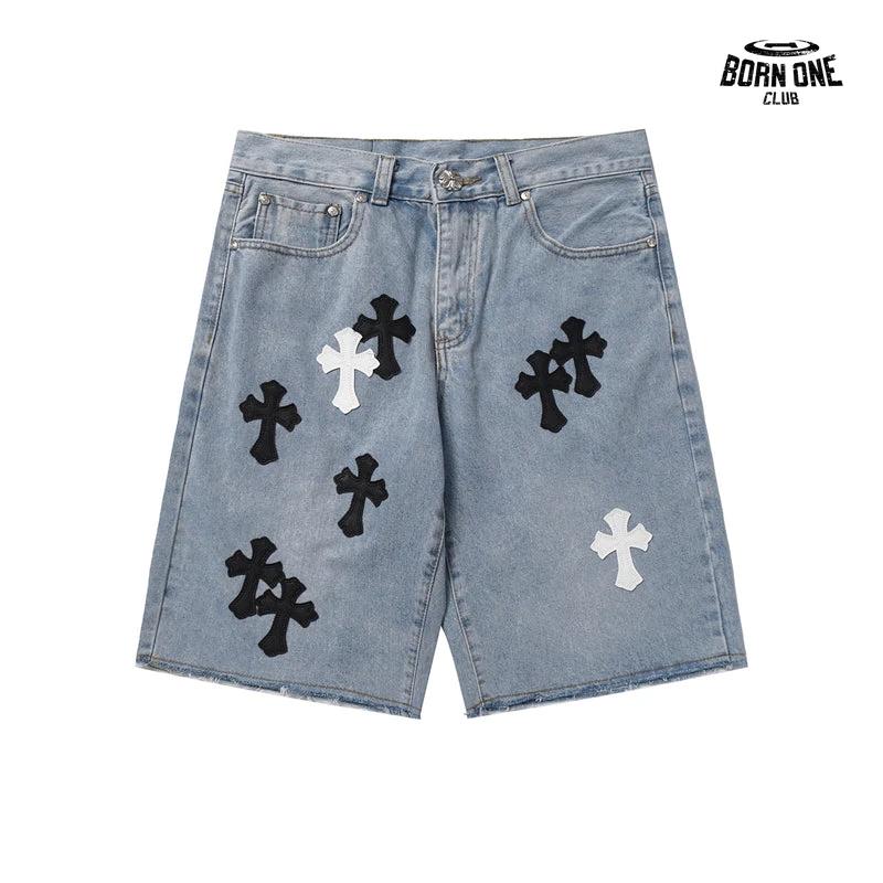 Bermuda Jeans Chrome Hearts Multi Cross Azul