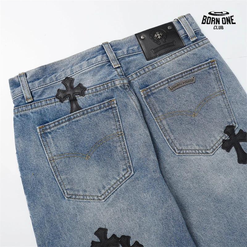 Bermuda Jeans Chrome Hearts Cross Patch Azul Claro