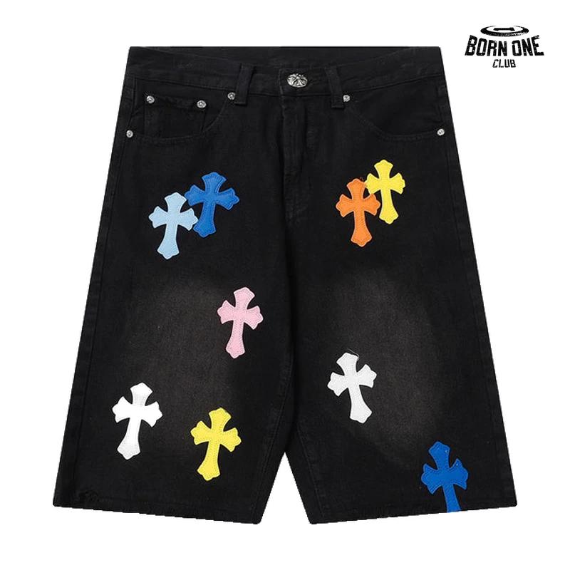Bermuda Jeans Chrome Hearts Cross Colorida Preta