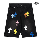 Bermuda Jeans Chrome Hearts Cross Colorida Preta
