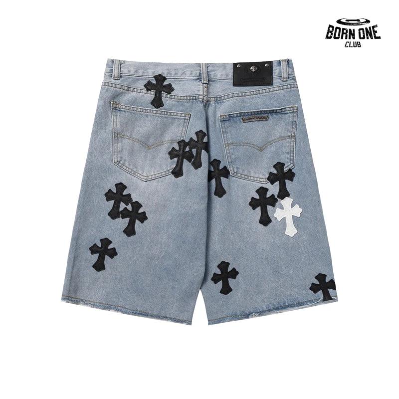 Bermuda Jeans Chrome Hearts Multi Cross Azul