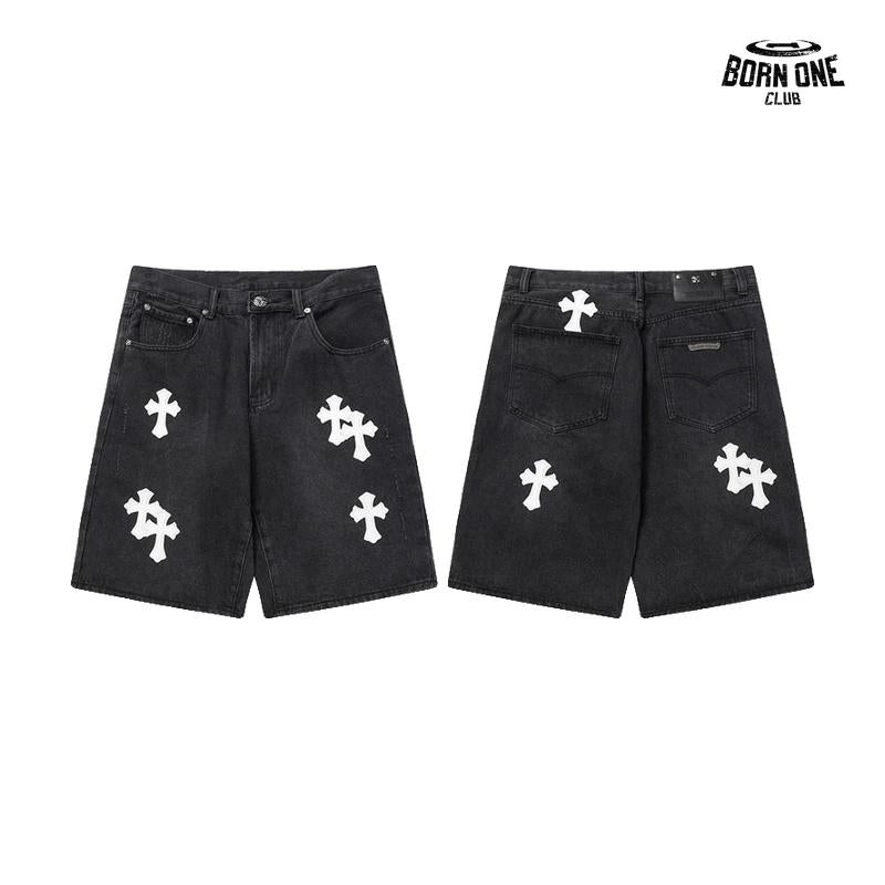 Bermuda Jeans Chrome Hearts Cross Branca Preta