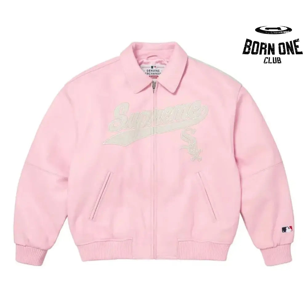 Jaqueta Supreme x Chicago White Sox Couro Varsity Pink