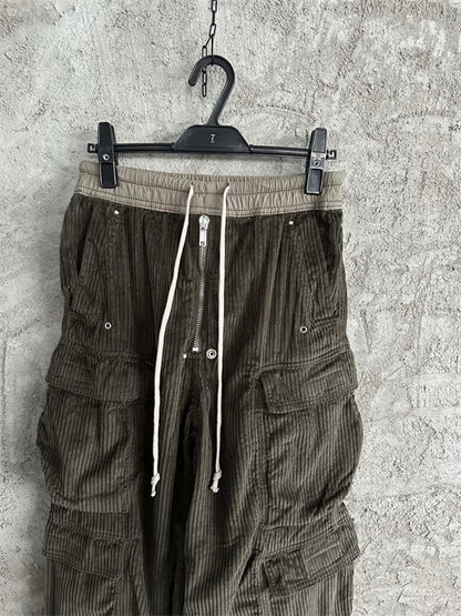 Rick Owens DRKSHDW Cargo Calça Green Cotelê (Alta Qualidade)