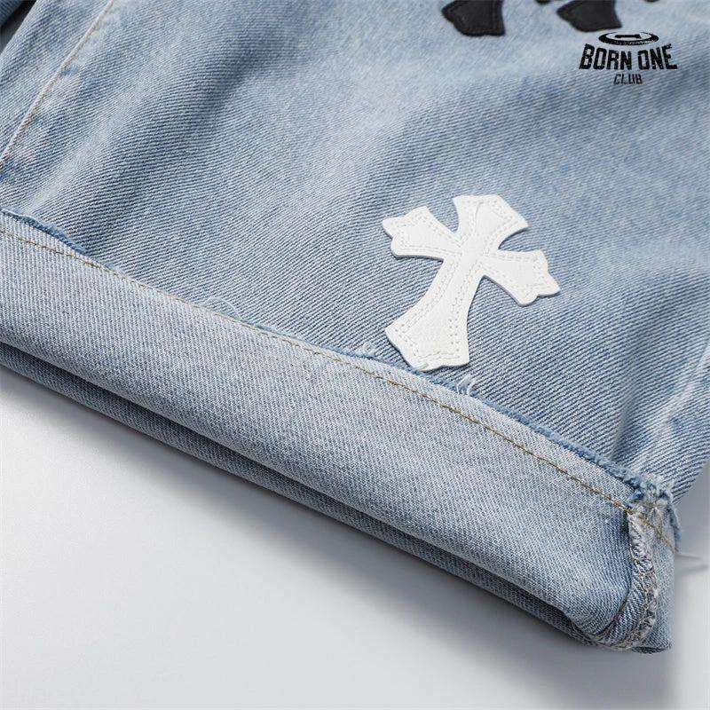 Bermuda Jeans Chrome Hearts Multi Cross Azul
