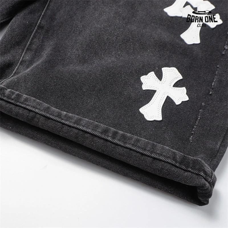 Bermuda Jeans Chrome Hearts Cross Branca Preta