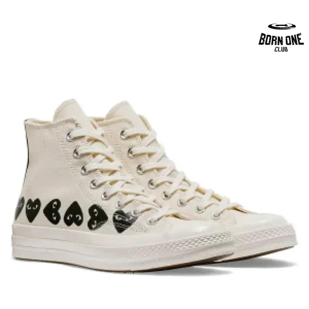 Comme des Garcons White Converse High Top with Multi Hearts