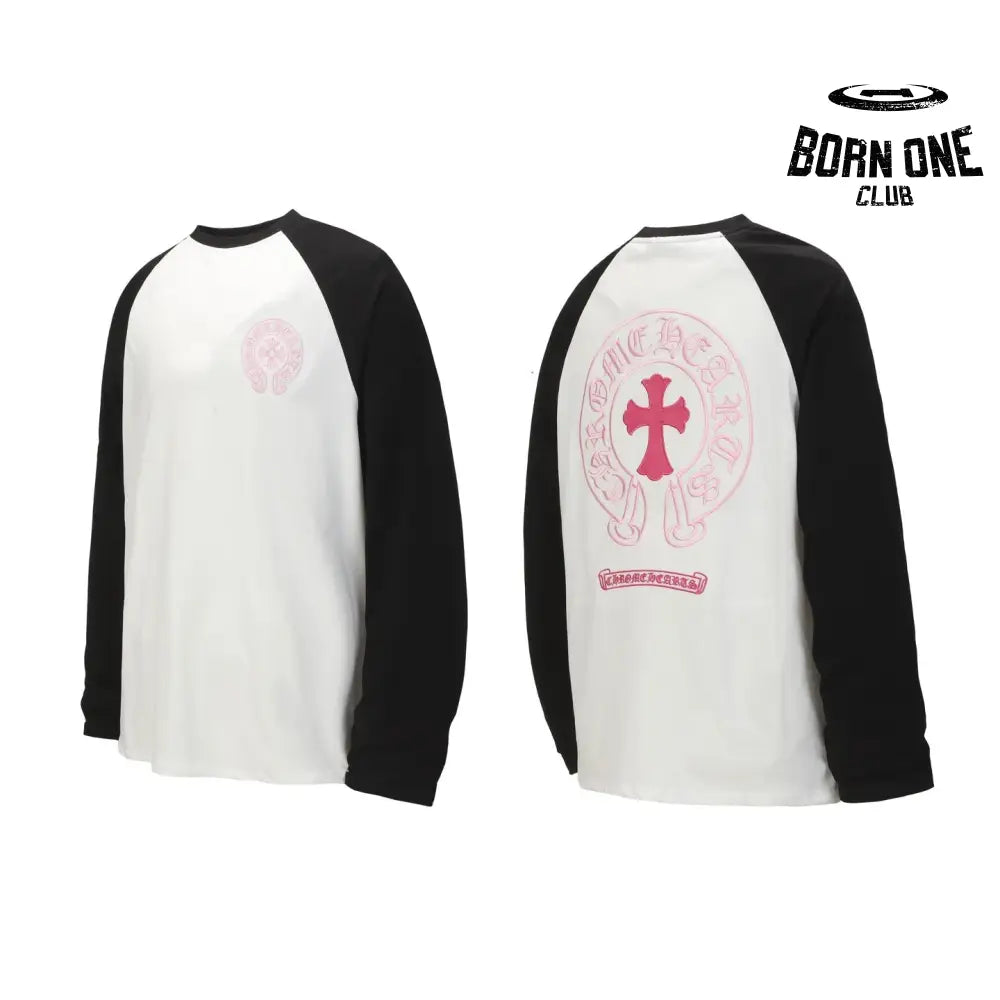 Camiseta Manga Longa Chrome Hearts Raglan Pink Cross Branca e Preta
