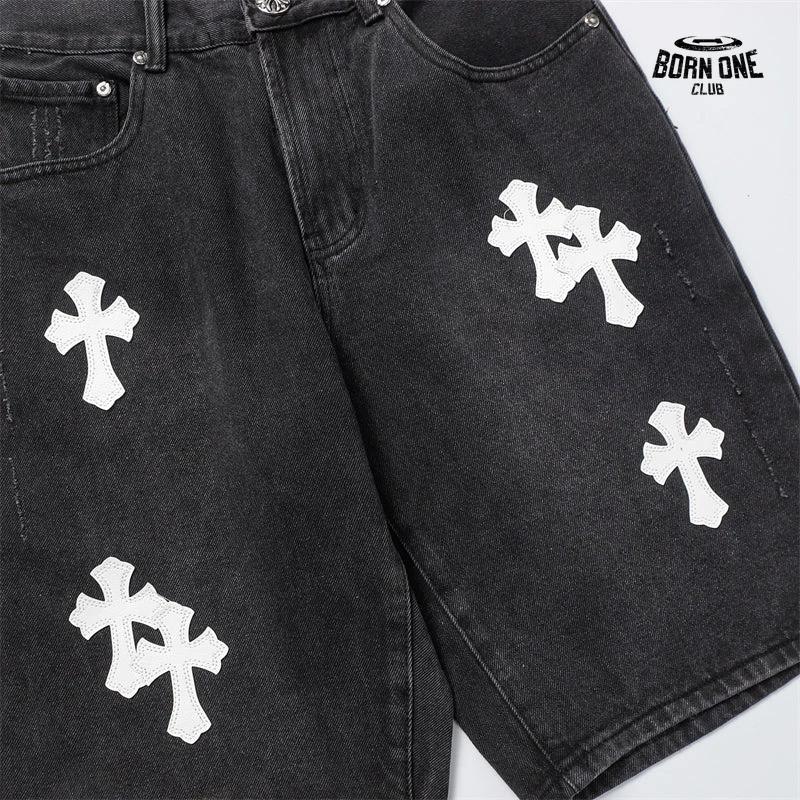 Bermuda Jeans Chrome Hearts Cross Branca Preta