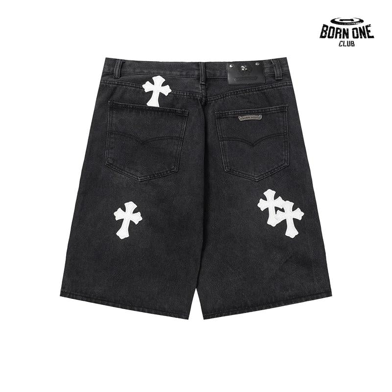 Bermuda Jeans Chrome Hearts Cross Branca Preta