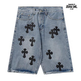 Bermuda Jeans Chrome Hearts Cross Patch Azul Médio