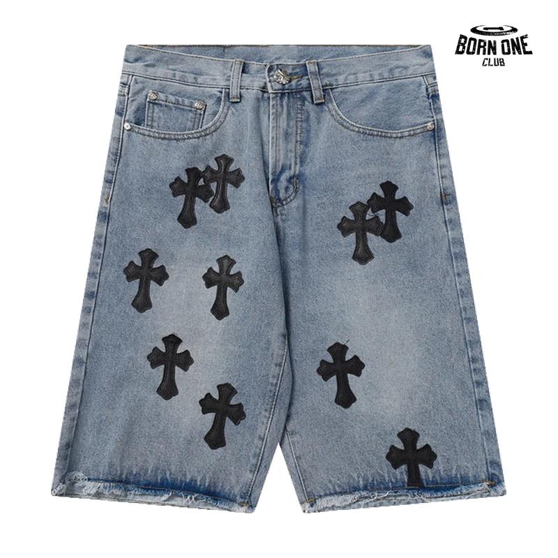 Bermuda Jeans Chrome Hearts Cross Patch Azul Médio