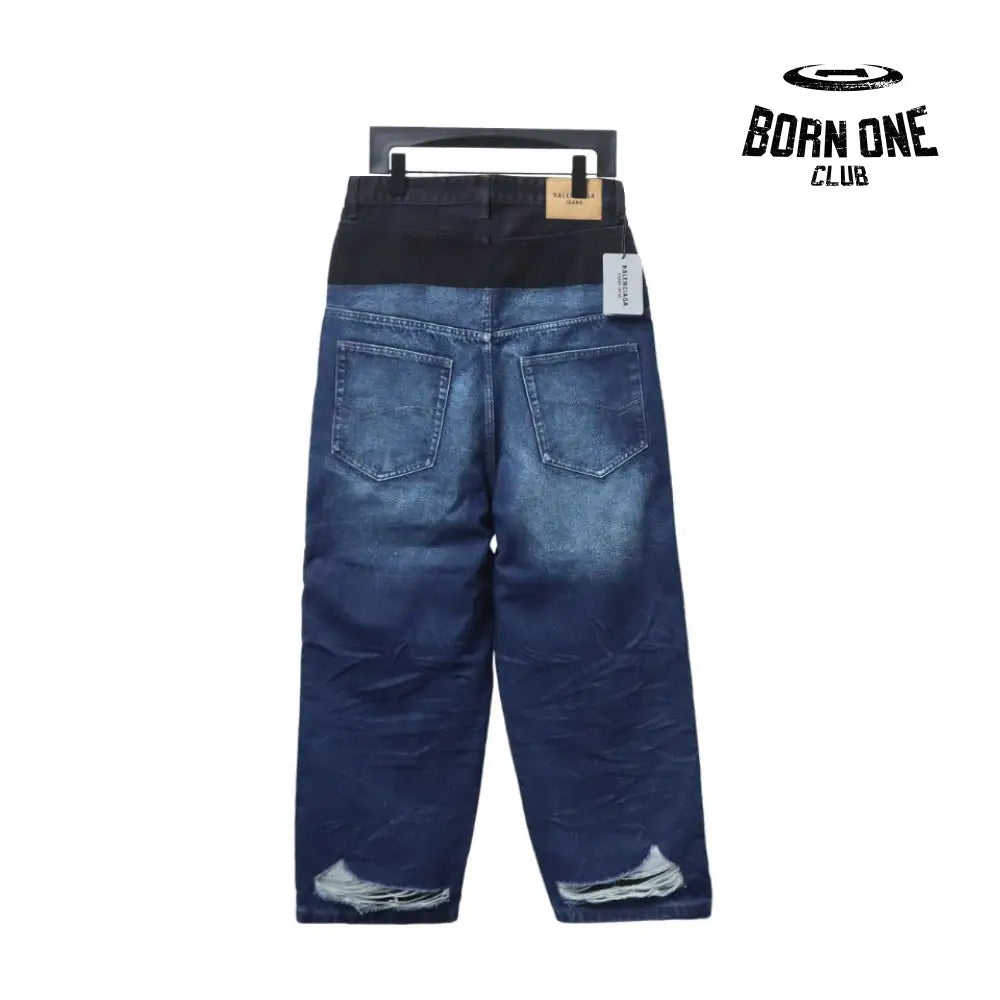 Balenciaga black and blue patchwork ripped denim Calça Jeans