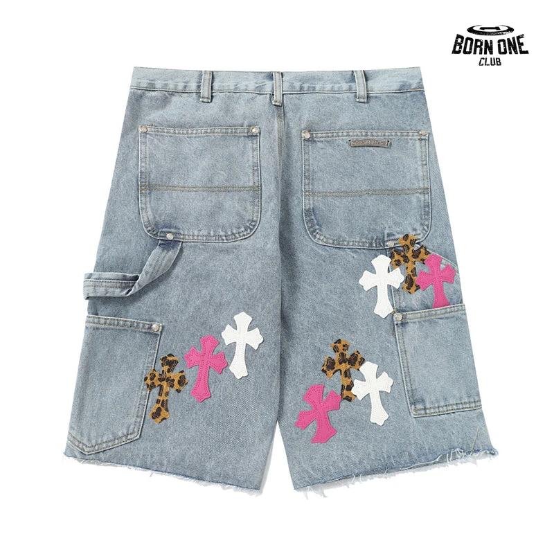 Bermuda Jeans Chrome Hearts Cross Rosa Azul