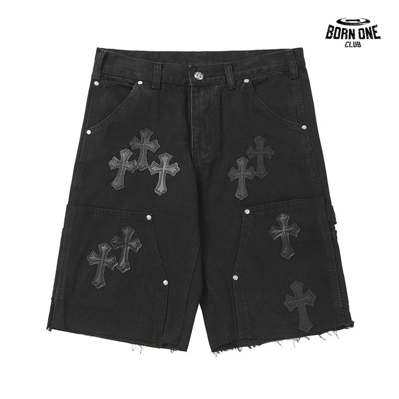 Bermuda Jeans Chrome Hearts Cross Preta Lavada