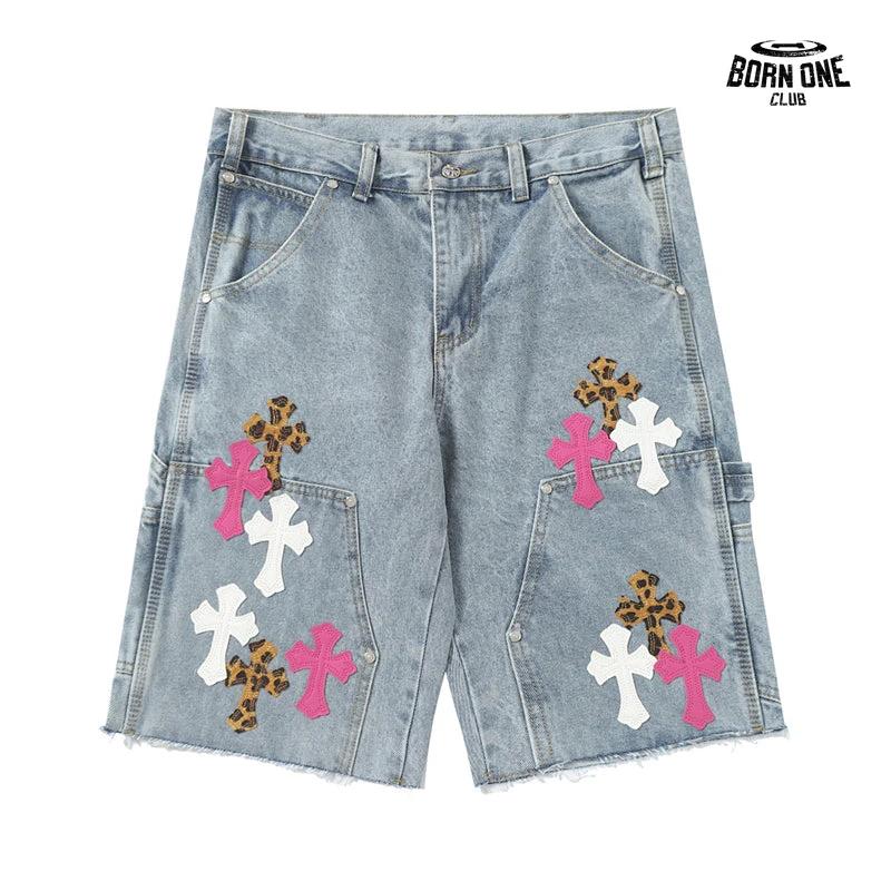 Bermuda Jeans Chrome Hearts Cross Rosa Azul
