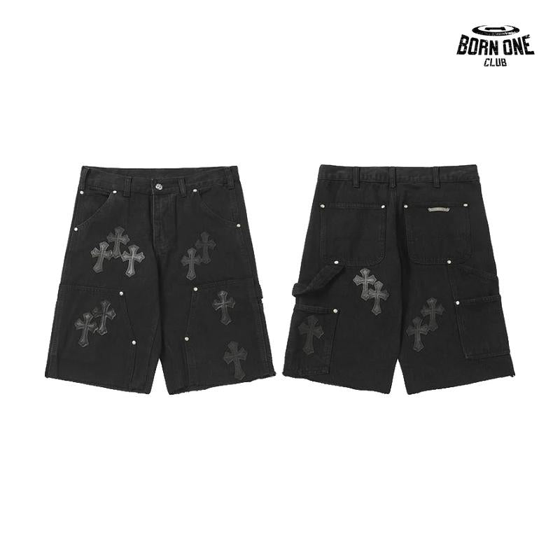 Bermuda Jeans Chrome Hearts Cross Preta Lavada