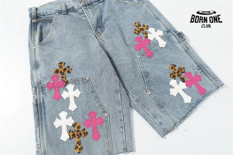 Bermuda Jeans Chrome Hearts Cross Rosa Azul