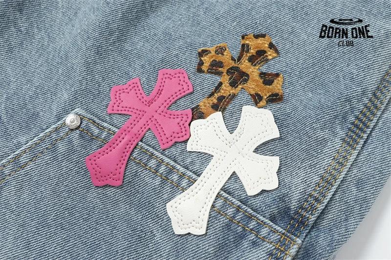 Bermuda Jeans Chrome Hearts Cross Rosa Azul