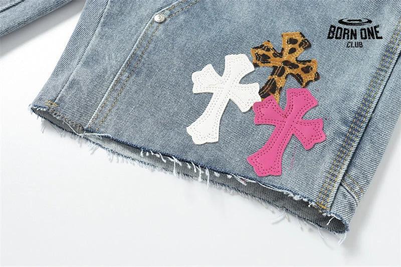 Bermuda Jeans Chrome Hearts Cross Rosa Azul