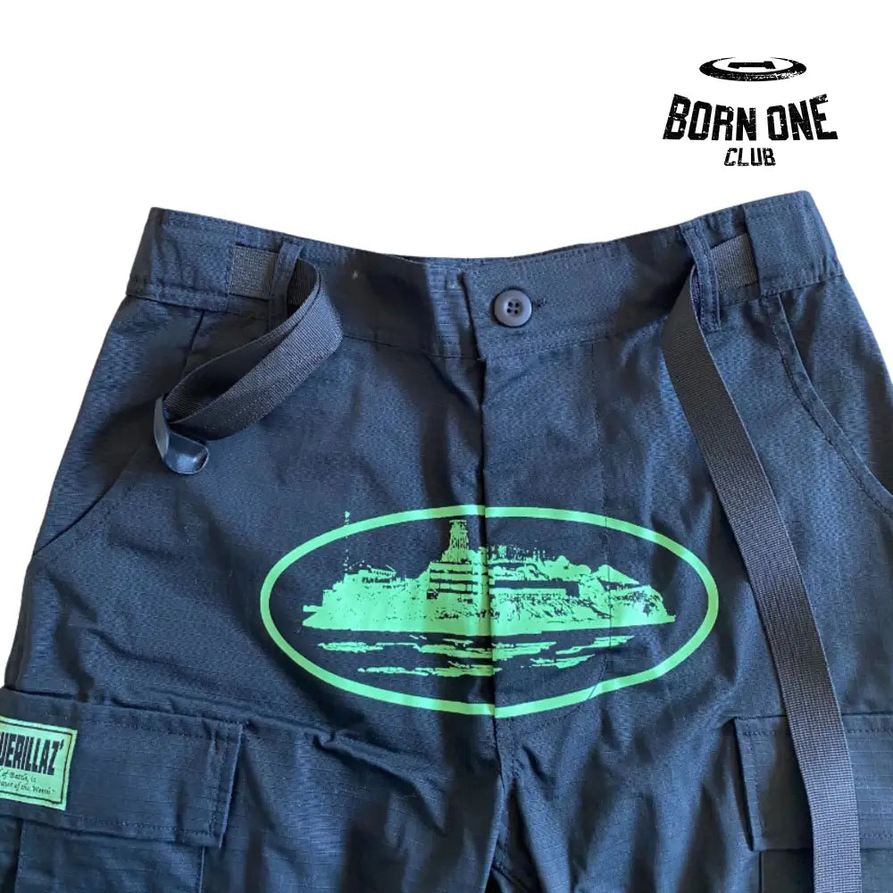 Calça Corteiz Black Green Logo Cargo