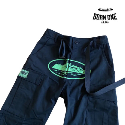 Calça Corteiz Black Green Logo Cargo