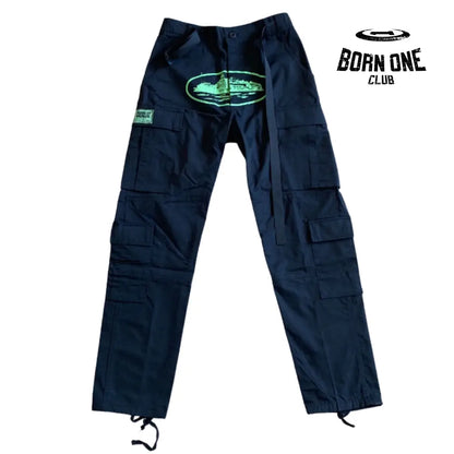Calça Corteiz Black Green Logo Cargo P