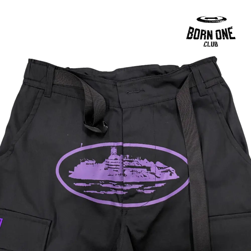 Calça Corteiz Black Purple Logo Cargo