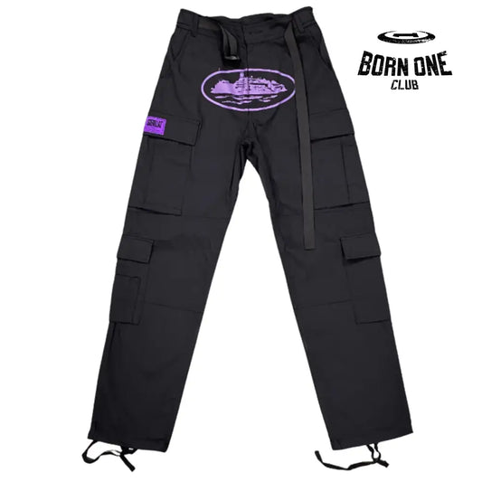 Calça Corteiz Black Purple Logo Cargo P