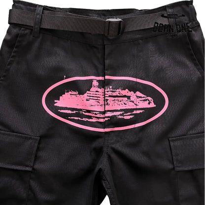 Calça Corteiz Black With Pink Logo Cargos