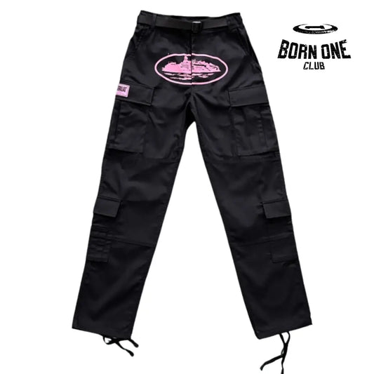 Calça Corteiz Black With Pink Logo Cargos