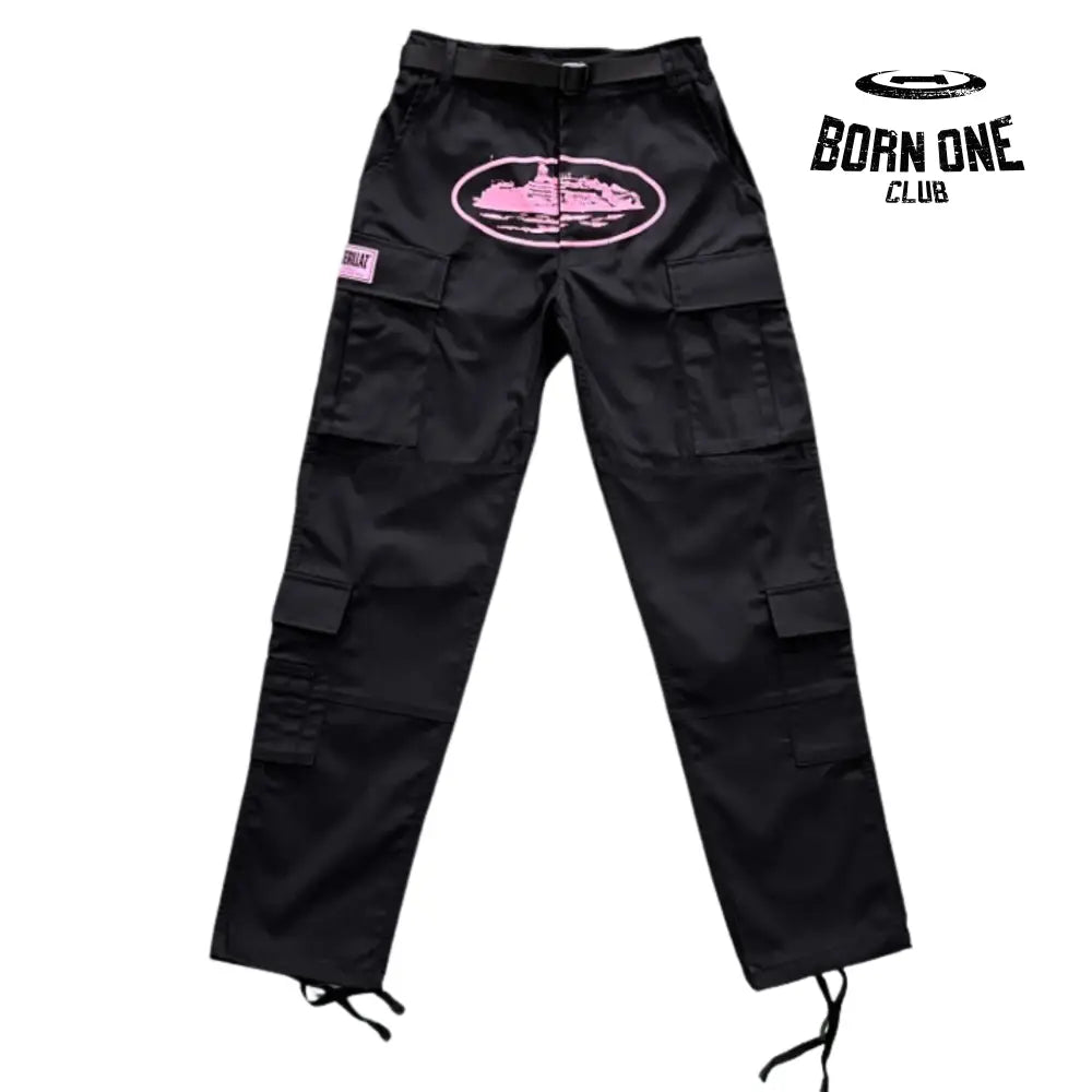 Calça Corteiz Black With Pink Logo Cargos P