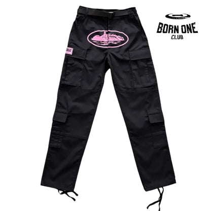 Calça Corteiz Black With Pink Logo Cargos P