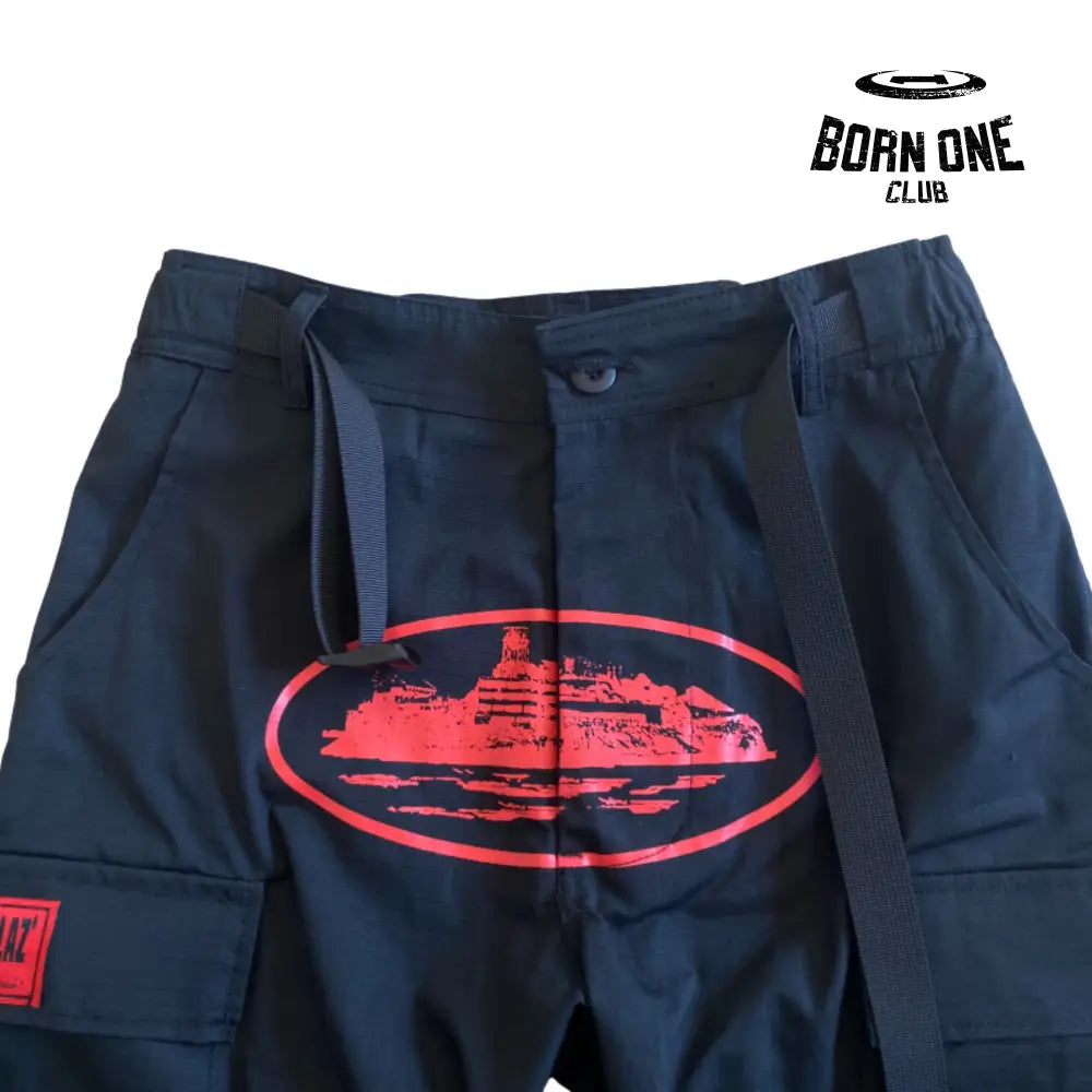 Calça Corteiz Black With Red Logo Cargos