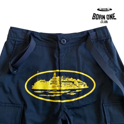 Calça Corteiz Black Yellow Logo Cargo