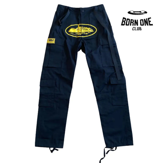 Calça Corteiz Black Yellow Logo Cargo P