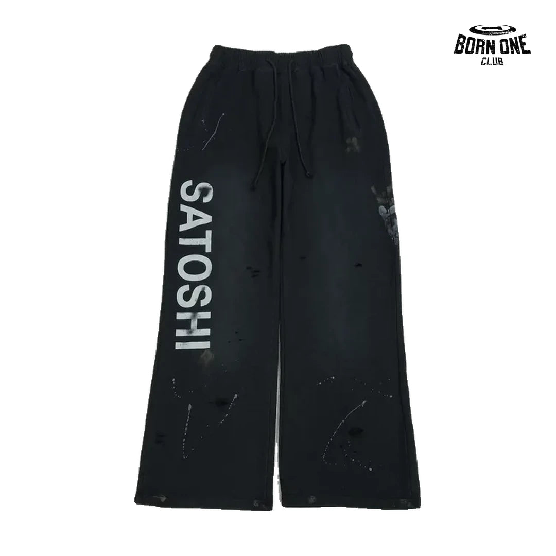Calça Moletom Satoshi Nakamoto Distressed Logo Sweatpant Black