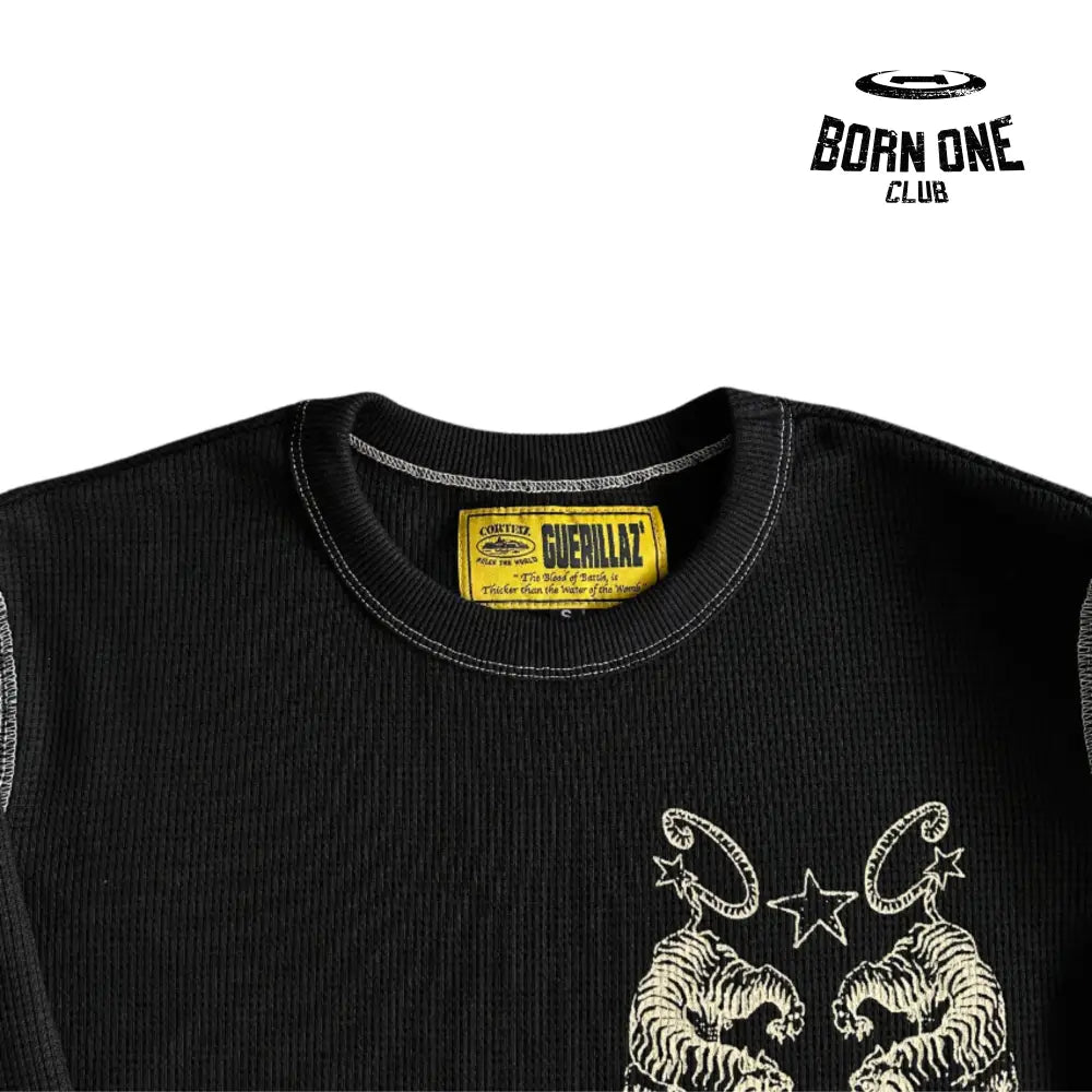 Camiseta Corteiz Waffle Tiger Stars Long Sleeve Black