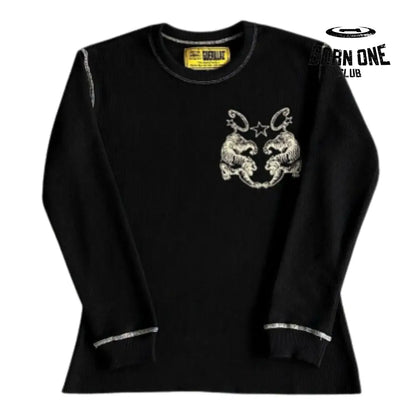 Camiseta Corteiz Waffle Tiger Stars Long Sleeve Black GG