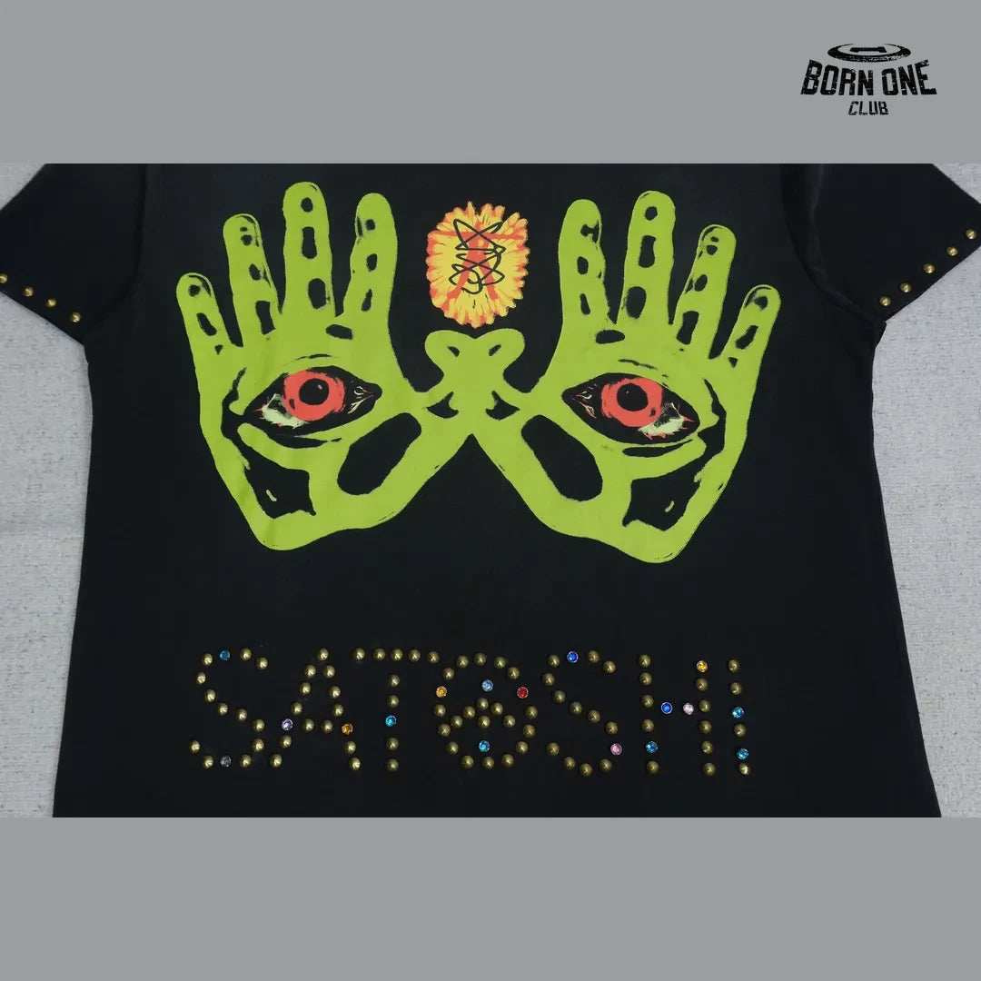 Camiseta Satoshi Nakamoto Green Hands Rhinestone Tee Black