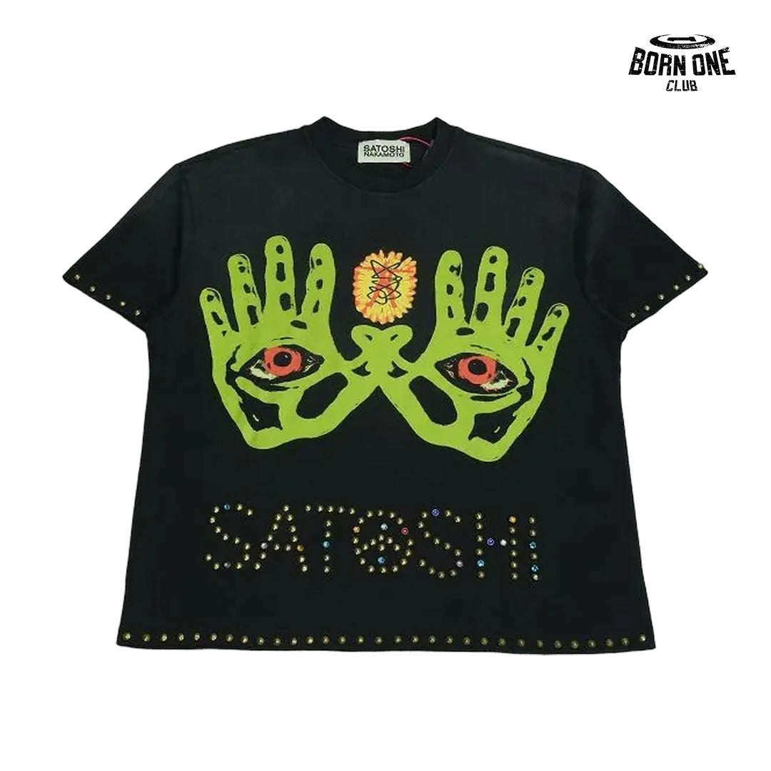 Camiseta Satoshi Nakamoto Green Hands Rhinestone Tee Black