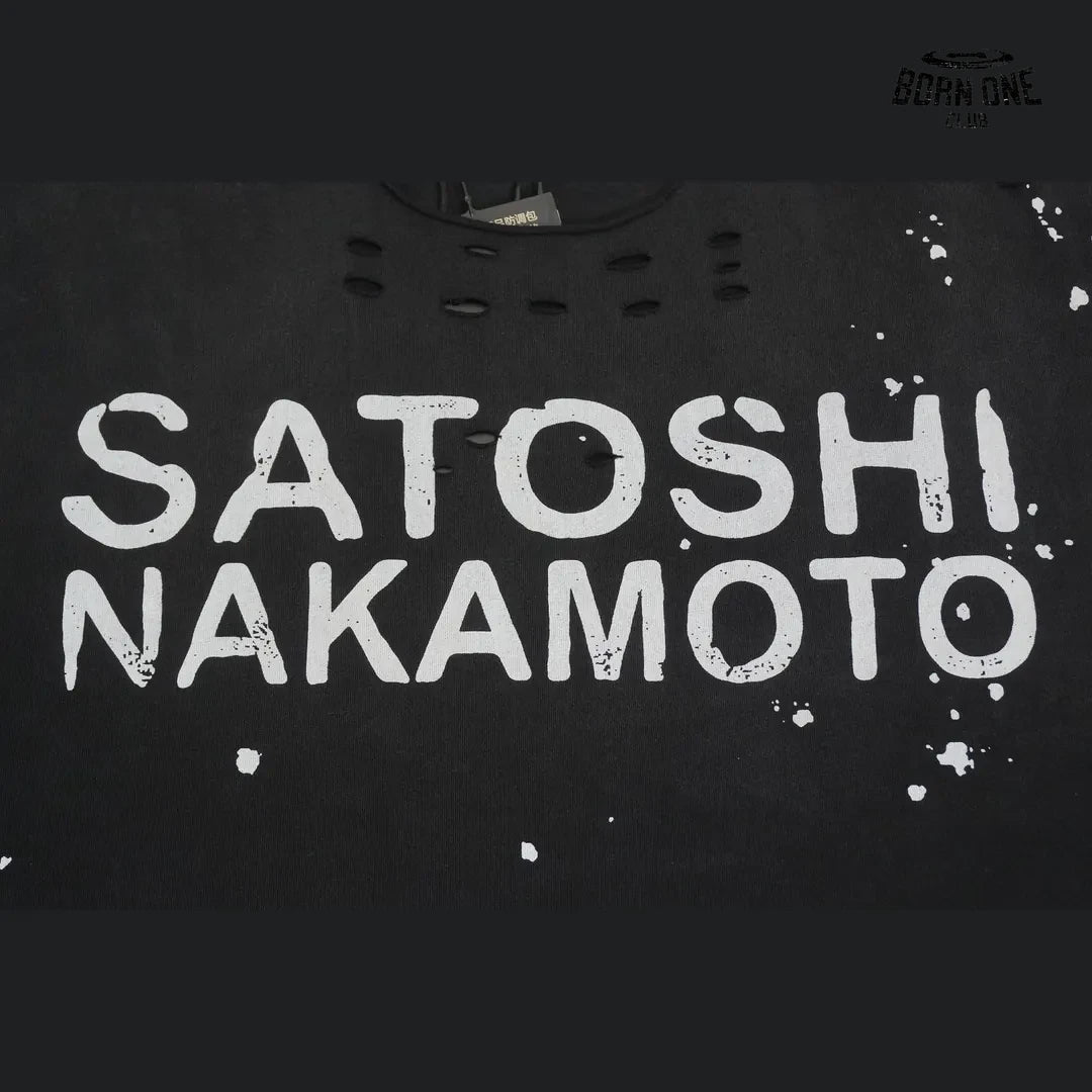 Camiseta Satoshi Nakamoto Paint Splatter Distressed Tee Black