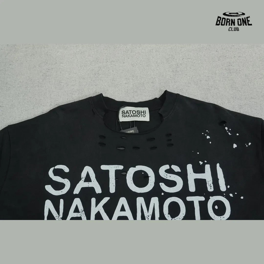 Camiseta Satoshi Nakamoto Paint Splatter Distressed Tee Black