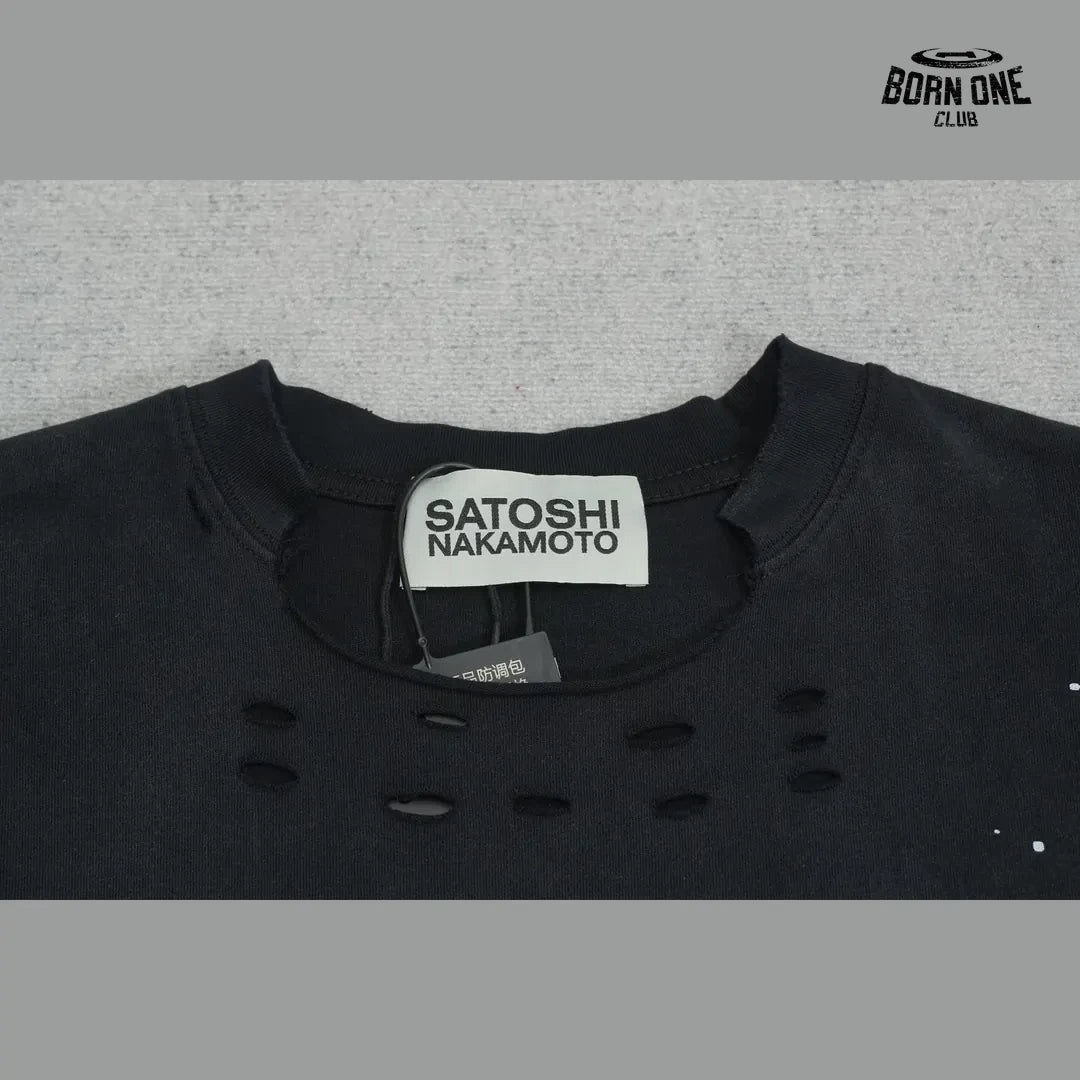 Camiseta Satoshi Nakamoto Paint Splatter Distressed Tee Black