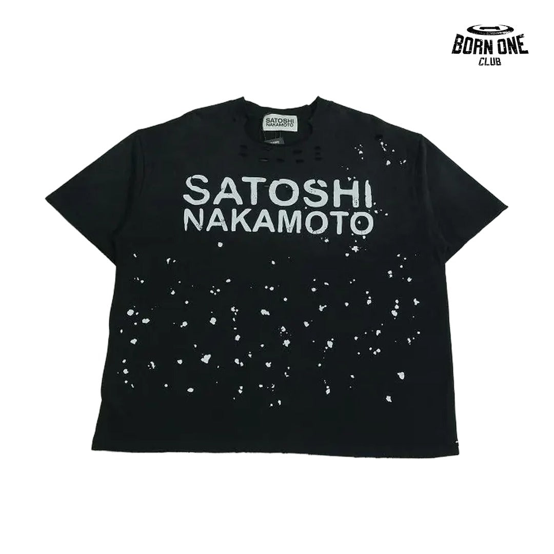 Camiseta Satoshi Nakamoto Paint Splatter Distressed Tee Black