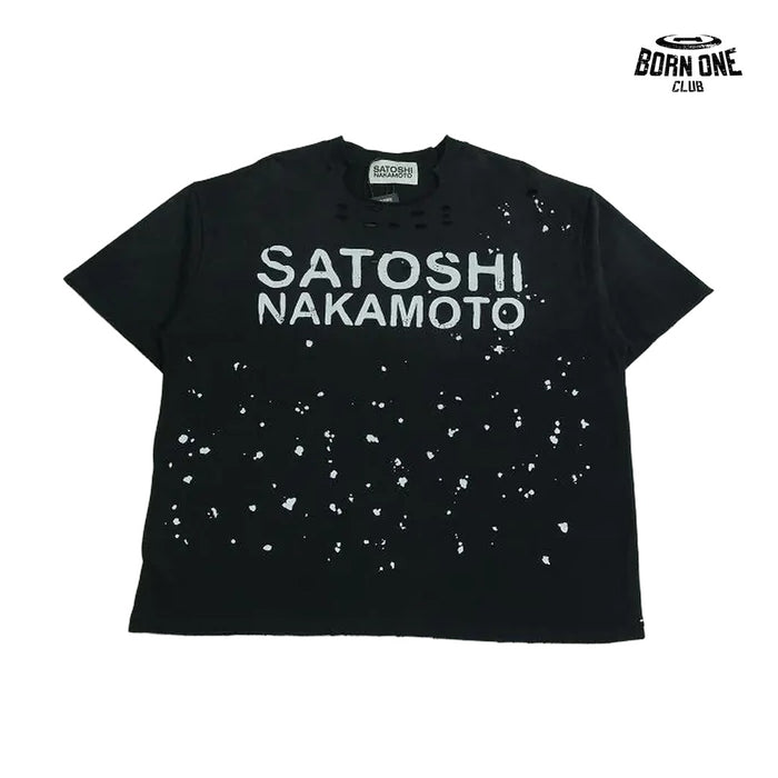 Camiseta Satoshi Nakamoto Paint Splatter Distressed Tee Black