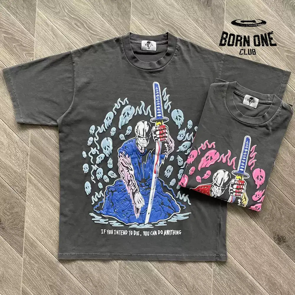 Camiseta Warren Lotas Pink Blue Skulls Stone Washed