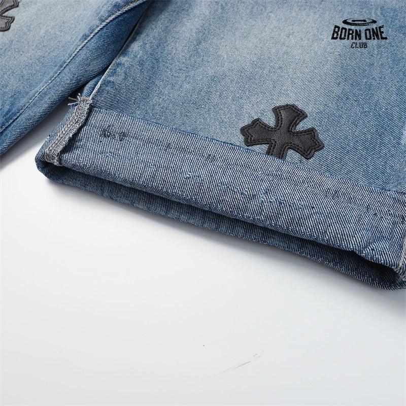 Bermuda Jeans Chrome Hearts Cross Patch Azul Claro